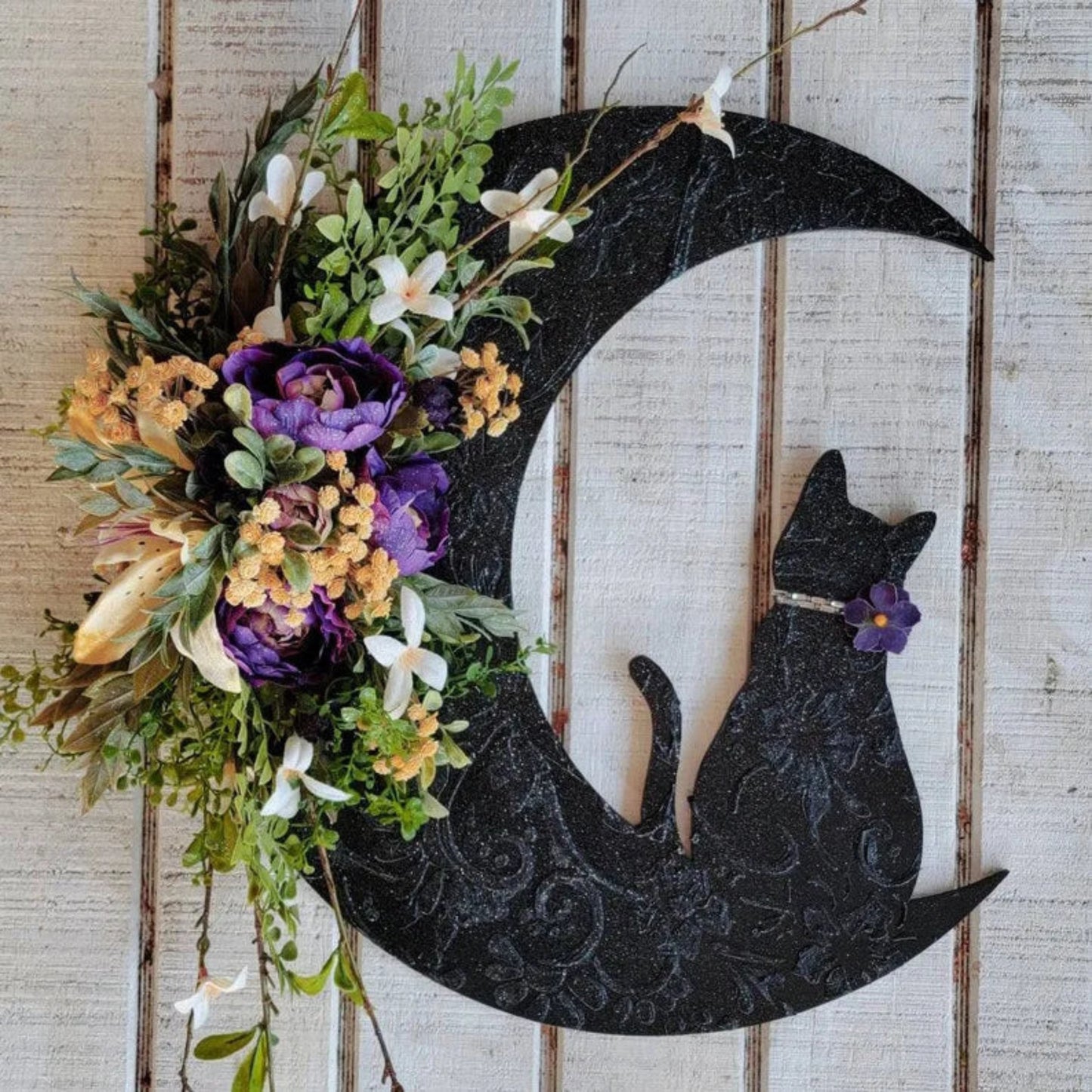 Halloween Moon Cat Flower Wreath Door Hanging Decorations Simulate Black Rose Rattan Circle Atmosphere Decorations Wall Garland