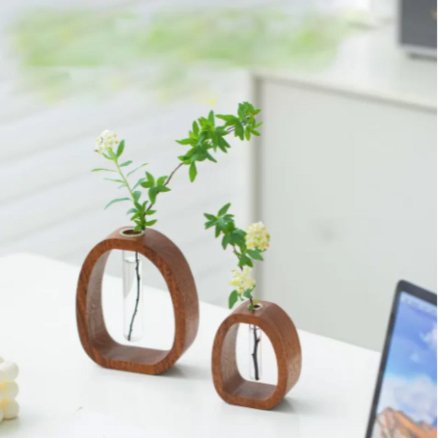 1 Piece Walnut Wooden Flower Vase Simple Glass Plant Vase Mini Aquarium Vase Flower Arrangement Home Decoration