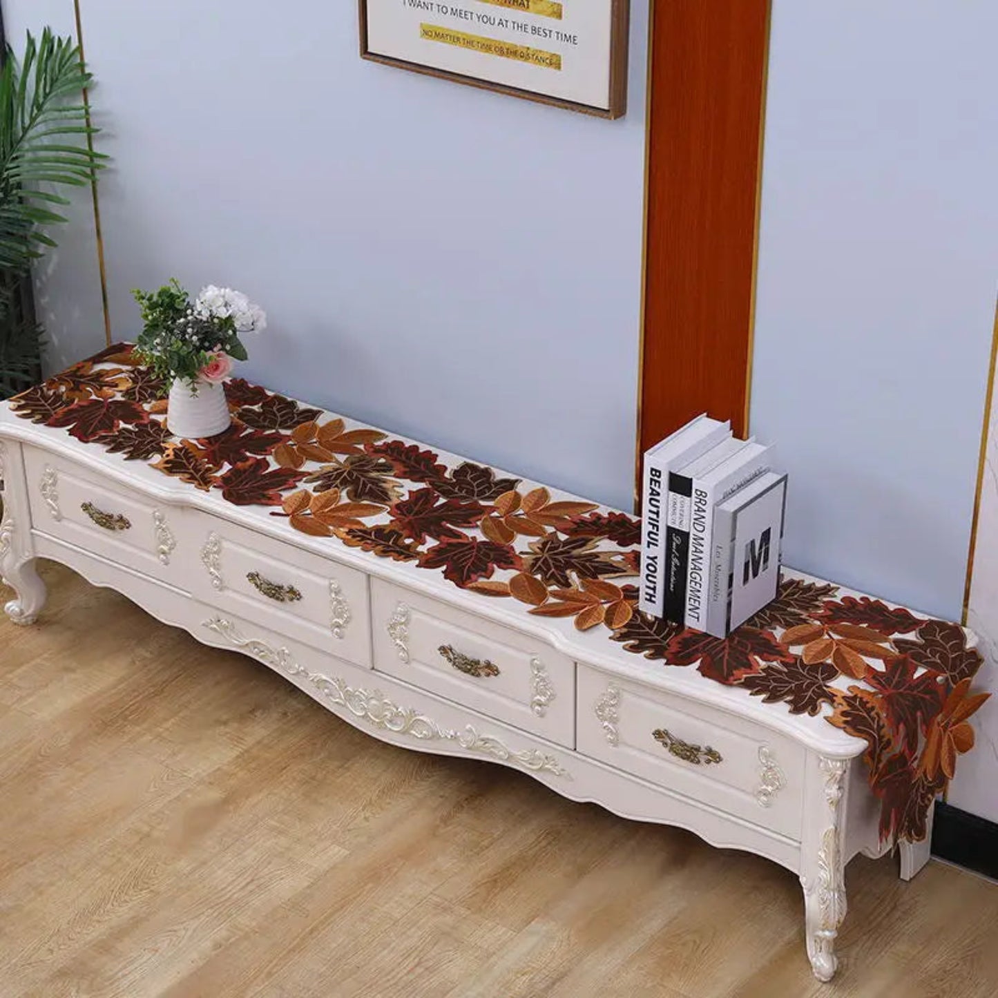 1Pc Autumn Maple Leaf Embroidered Table Runner Hollow Out Flocked Brown Maple Design Rustic Farmhouse Thanksgiving Harves