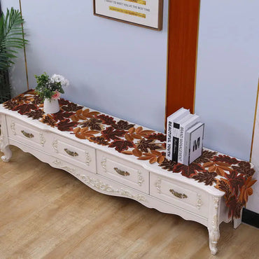 1Pc Autumn Maple Leaf Embroidered Table Runner Hollow Out Flocked Brown Maple Design Rustic Farmhouse Thanksgiving Harves