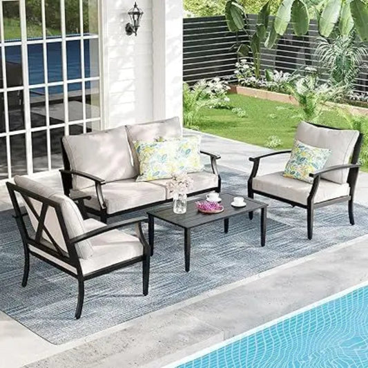 4-Piece Patio Furniture Set, Wider Outdoor Metal Seating Sofa with High Back & Loveseat, Coffee Table, All Weather Metal Convers