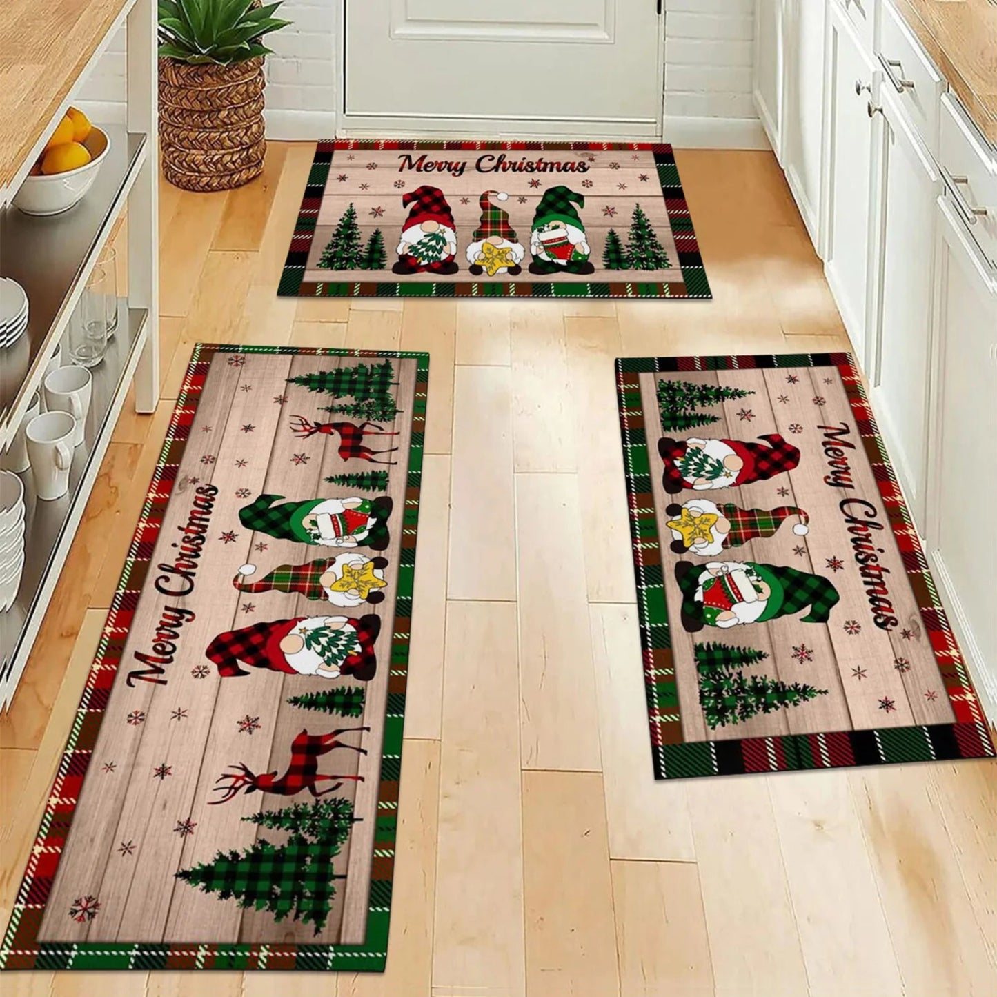 Merry Christmas Gnome Xmas Tree Pattern Kitchen Rugs Living Room Bedroom Entrance Carpets Balcony Bathroom Non-slip Floor Mats