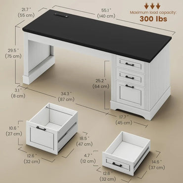 Farmhouse 55" Executive Desk, Computer Desk with Storage Drawers and Power Outlet, Home Office Desk, Workstation for Office Hom