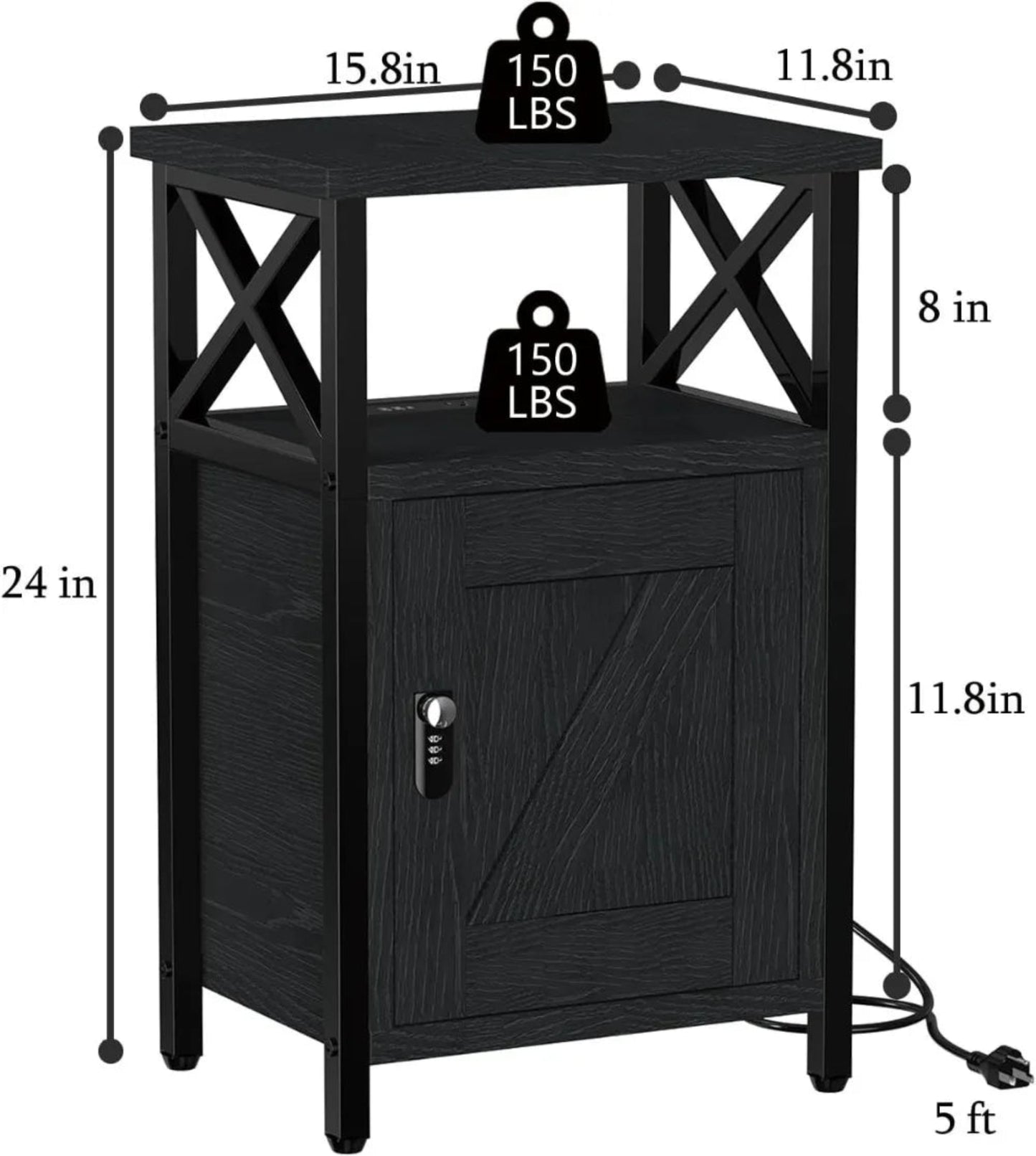 Wooden Nightstand with Charging Station, Bed Side Table with Drawers, Bedside Table with Lock, 3 USB & 2 Outlets, Night Stand