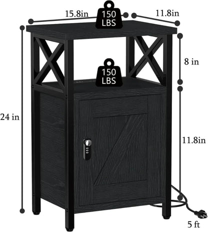Wooden Nightstand with Charging Station, Bed Side Table with Drawers, Bedside Table with Lock, 3 USB & 2 Outlets, Night Stand