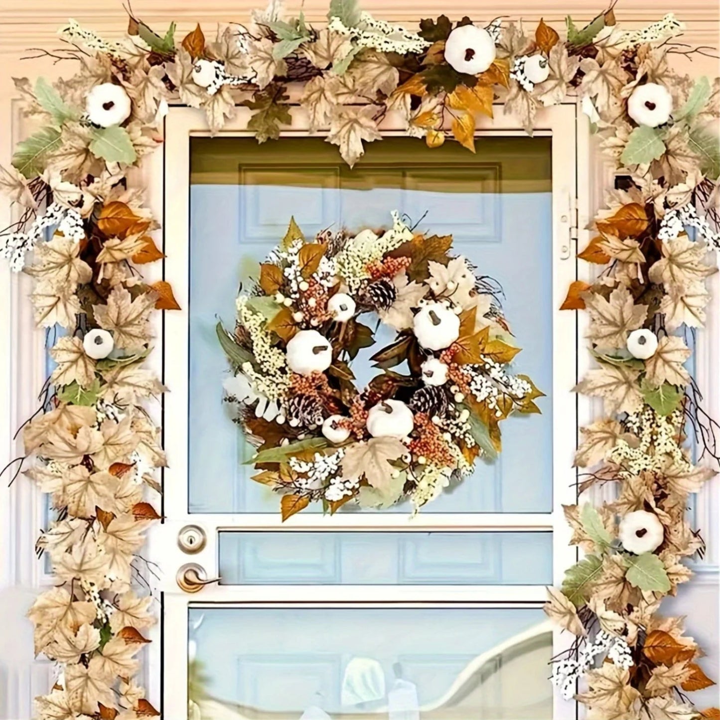 Autumn Maple Leaf & Pumpkin Wreath - Perfect for Thanksgiving, Halloween, Christmas, and Fall Decor, Festive Wall Hanging
