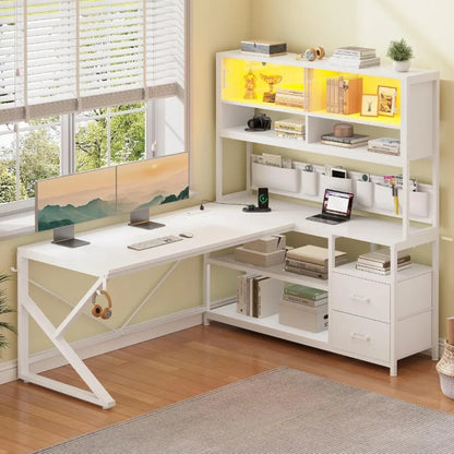 L Shaped Gaming Desk for Home Office Setup with Dual Drawers and Bookshelf Corner Computer Desk Featuring LED Lighting Glass Di