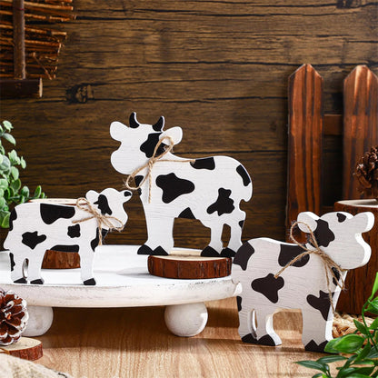 Farmhouse Wooden Cow Figurines Set of 3 Tiered Tray Decorations Rustic Standing Signs for Home Kitchen Living Room Farm Decor