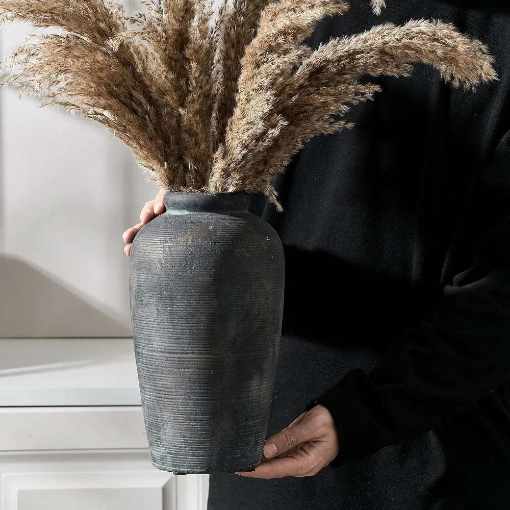 Large Ceramic Rustic Vase, 11 inch Minimalist Decorative Farmhouse Tall Vase for Home Decor, Living Room, Shelf Decor, Enterway,