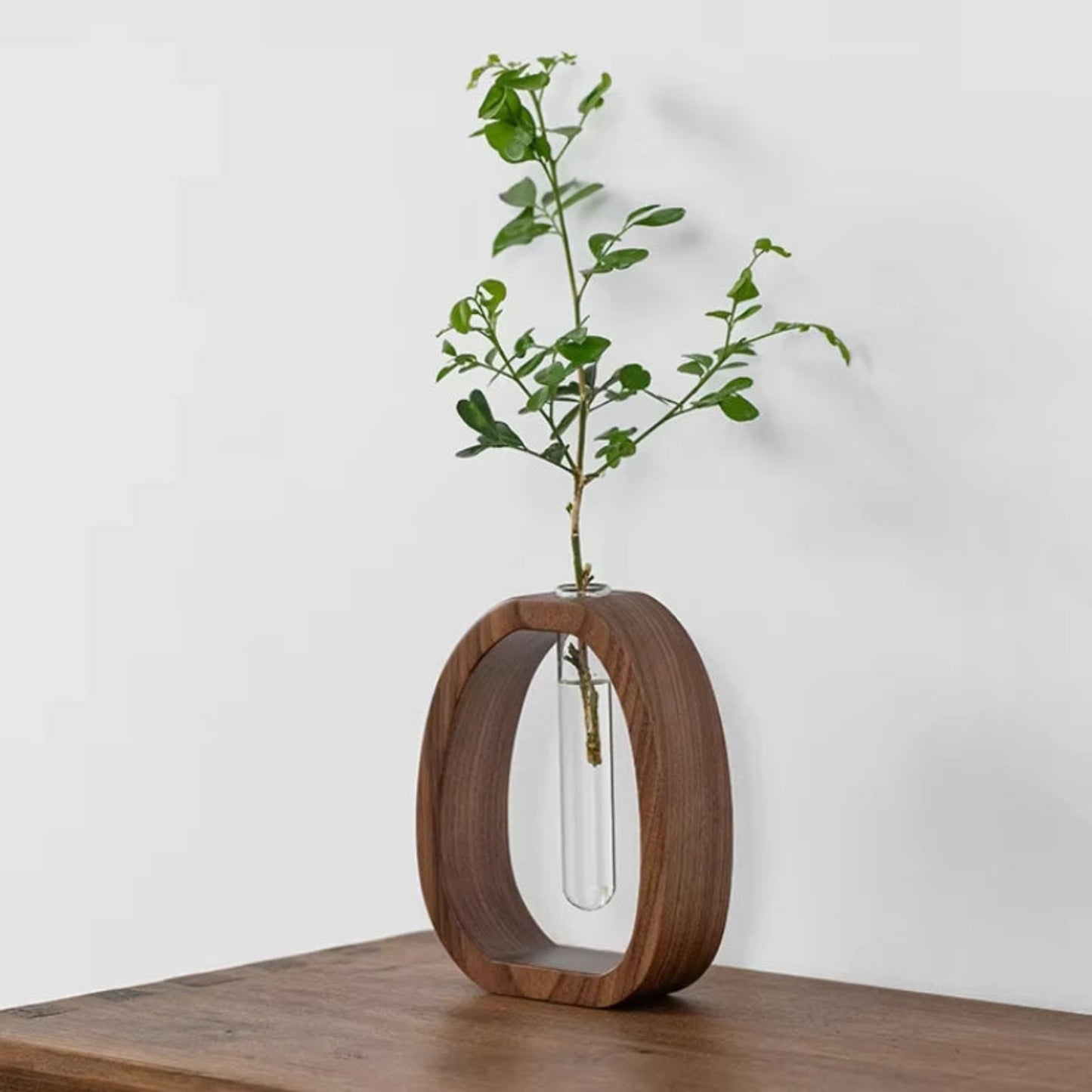 1 Piece Walnut Wooden Flower Vase Simple Glass Plant Vase Mini Aquarium Vase Flower Arrangement Home Decoration