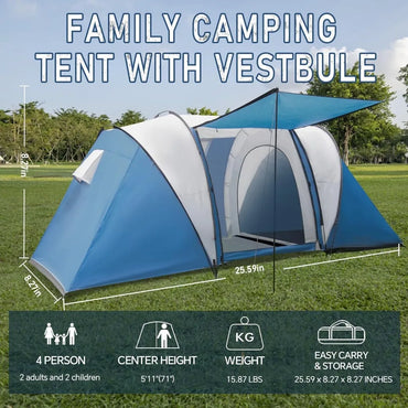 Family-Sized Weatherproof Camping Tent with Porch and Rainfly, 2-Room Easy Setup Shelter for 2-4 People