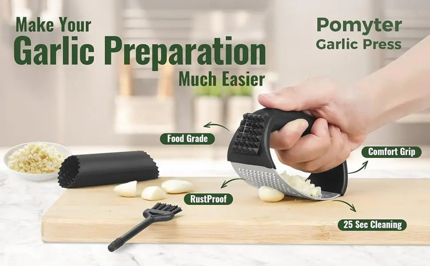 Garlic Press Rocker Stainless Steel Garlic Mincer Garlic Crusher Easy-Squeeze Tool with Peeler and Cleaning Brush for Smashing