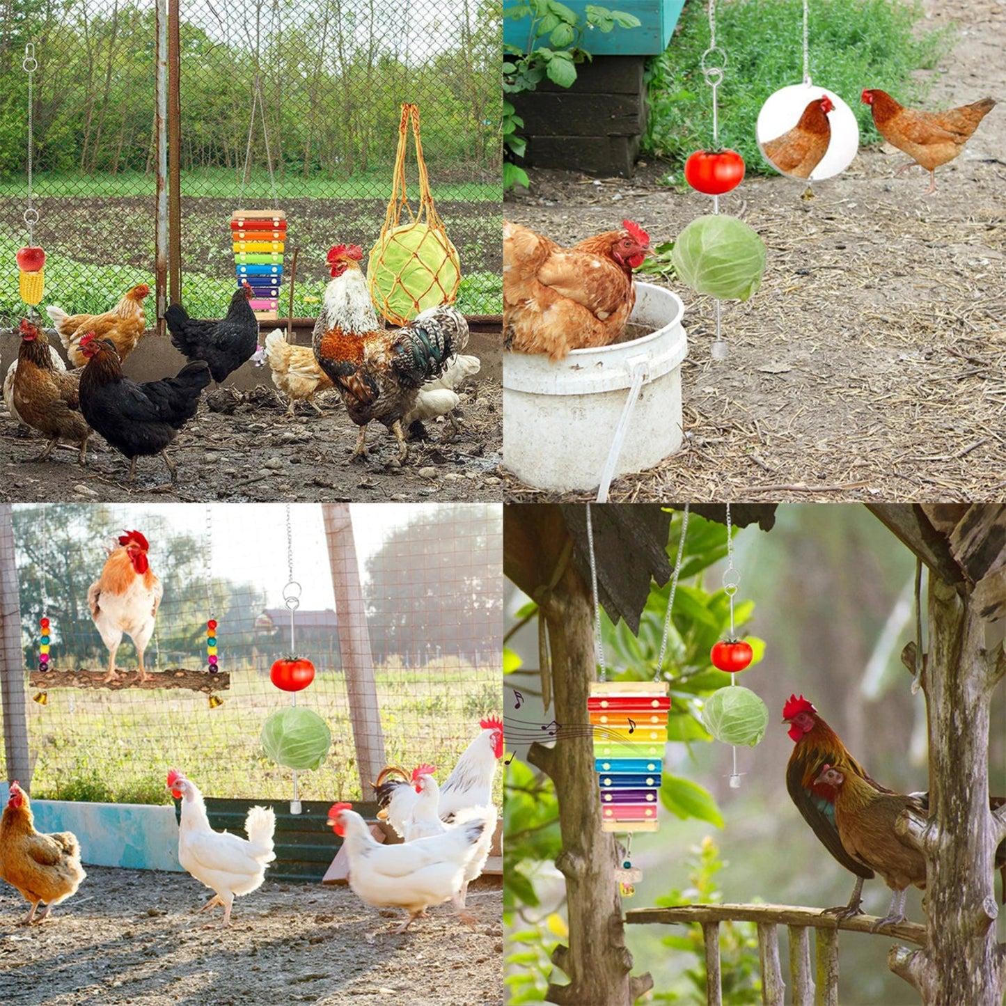 Chewing Foraging Toys Chicken Toys Set Parrot Playing Training Toys with Wooden Swing Fruit Vegetable Hanging Feeder Bell Toys