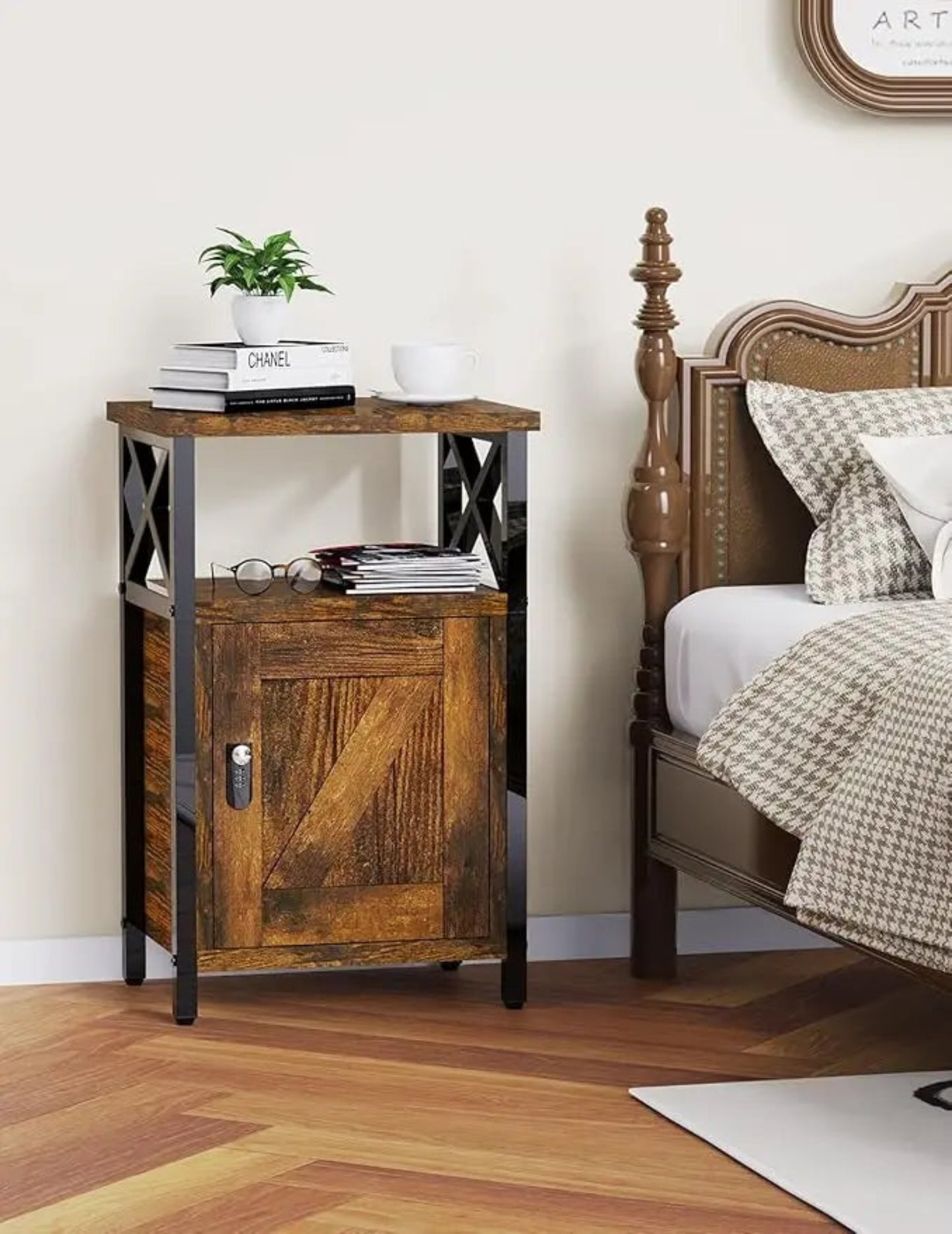 Wooden Nightstand with Charging Station, Bed Side Table with Drawers, Bedside Table with Lock, 3 USB & 2 Outlets, Night Stand