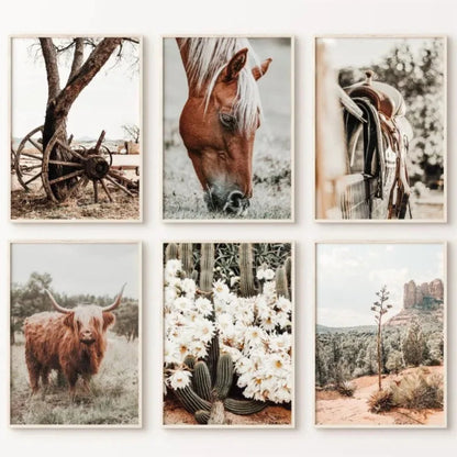 Boho Rustic Western Farmhouse Highland Cow Horse Minimalist Wall Art Canvas Painting Posters for Living Room Modern Home Decor