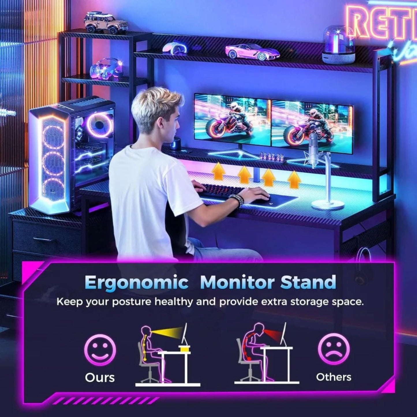 Gaming Desk with Hutch & Fabric Drawers, Computer Desk with USB Ports & LED Lights, Reversible Pc Gamer Table with Monitor Stand