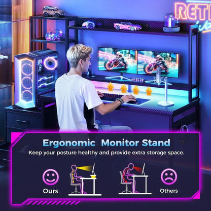 Gaming Desk with Hutch & Fabric Drawers, Computer Desk with USB Ports & LED Lights, Reversible Pc Gamer Table with Monitor Stand