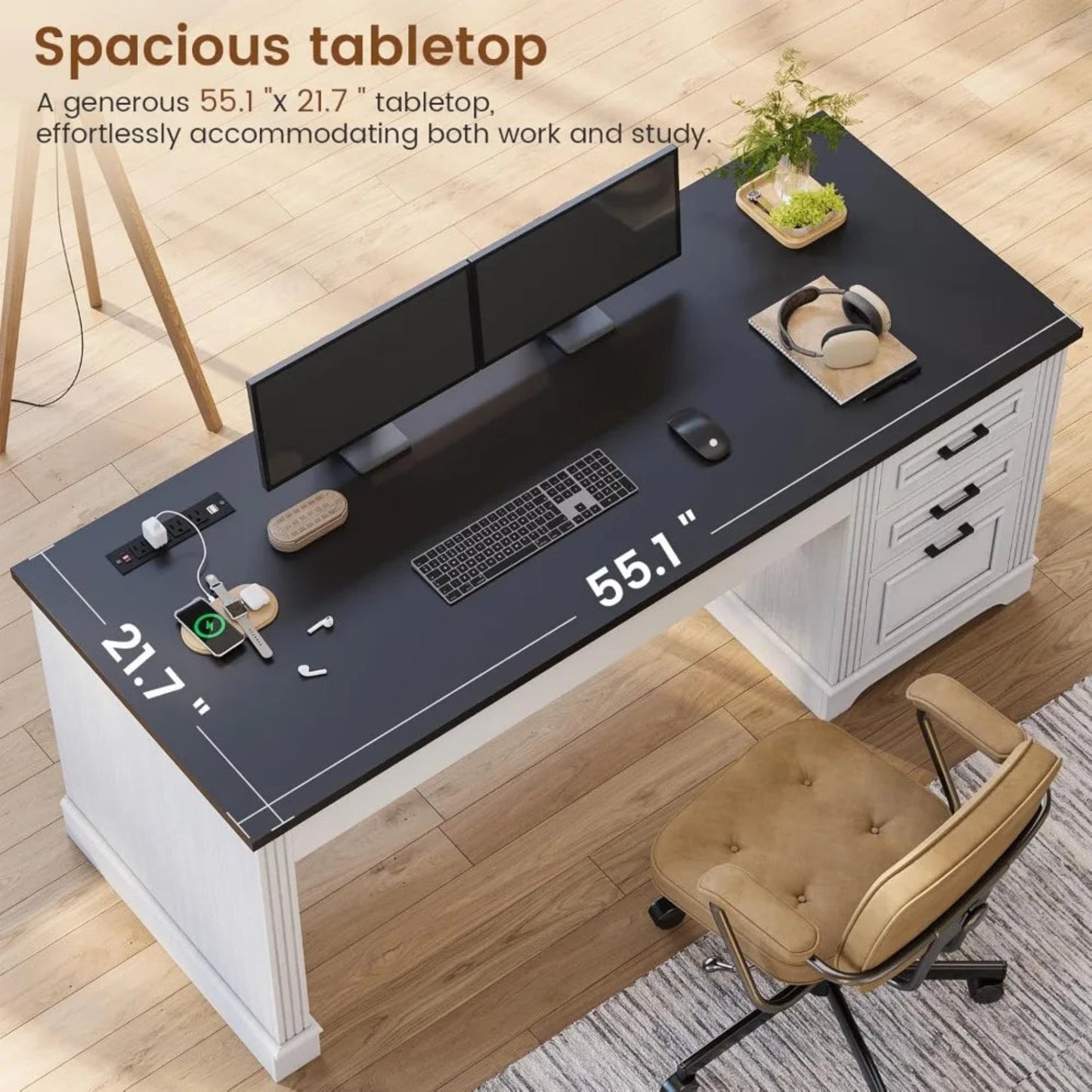 Farmhouse 55" Executive Desk, Computer Desk with Storage Drawers and Power Outlet, Home Office Desk, Workstation for Office Hom