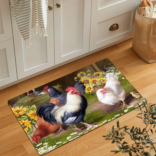 Farmhouse Rooster Kitchen Floor Mats Living Room Balcony Hallway Entrance Non-slip Carpets Reusable Garden Courtyard Decor Rugs