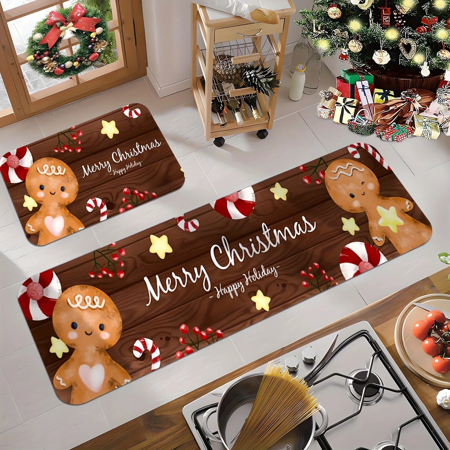 Christmas Gingerbread Man Kitchen Floor Mat Decor Kitchen Hallway Balcony Rugs Bedroom Non-slip Doormat Xmas Decorations