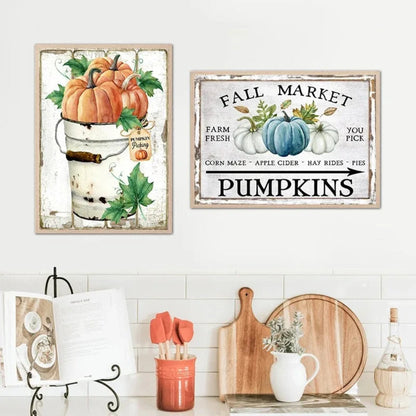 Country Farm Style Fall Pumpkins Retro Posters and Prints Rustic Fall Market Sign Canvas Painting Farmhouse Wall Pictures Decor
