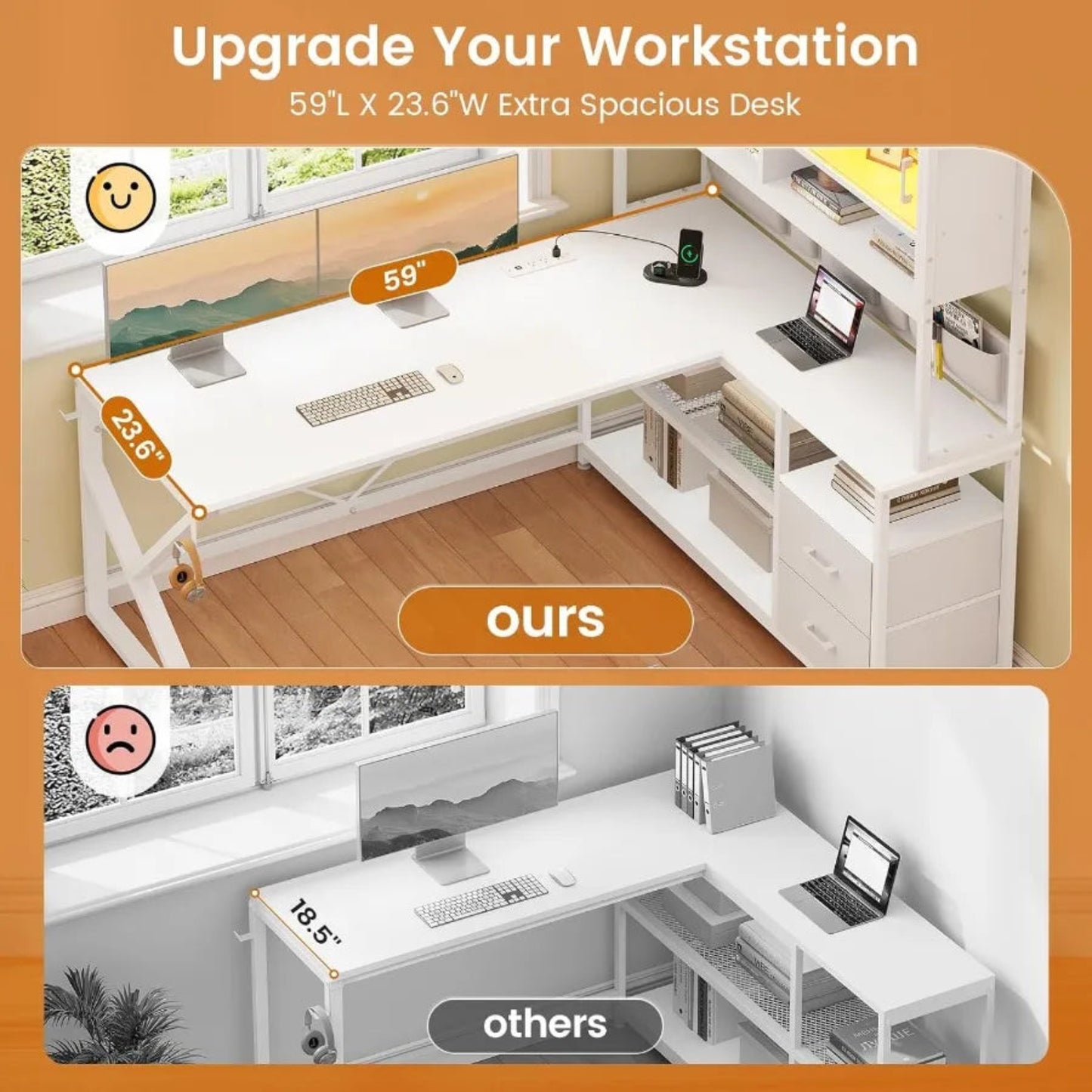 L Shaped Gaming Desk for Home Office Setup with Dual Drawers and Bookshelf Corner Computer Desk Featuring LED Lighting Glass Di