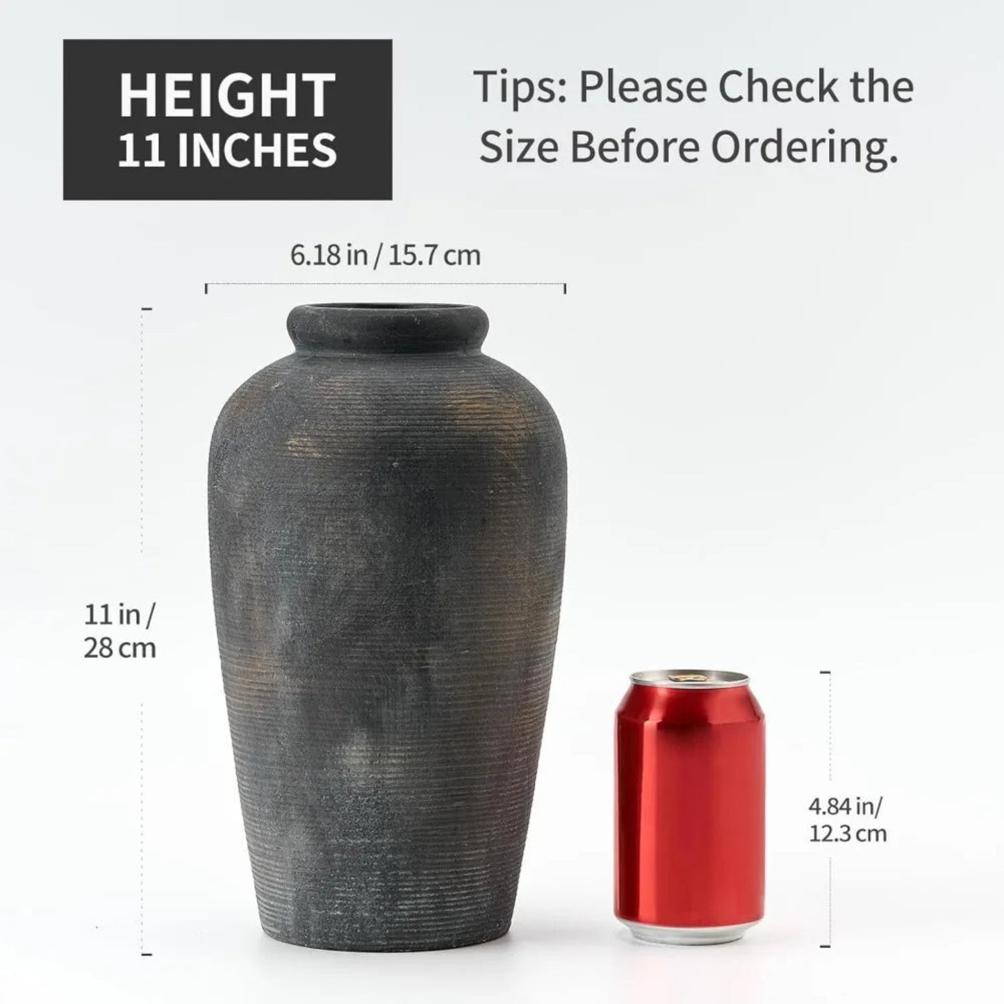 Large Ceramic Rustic Vase, 11 inch Minimalist Decorative Farmhouse Tall Vase for Home Decor, Living Room, Shelf Decor, Enterway,