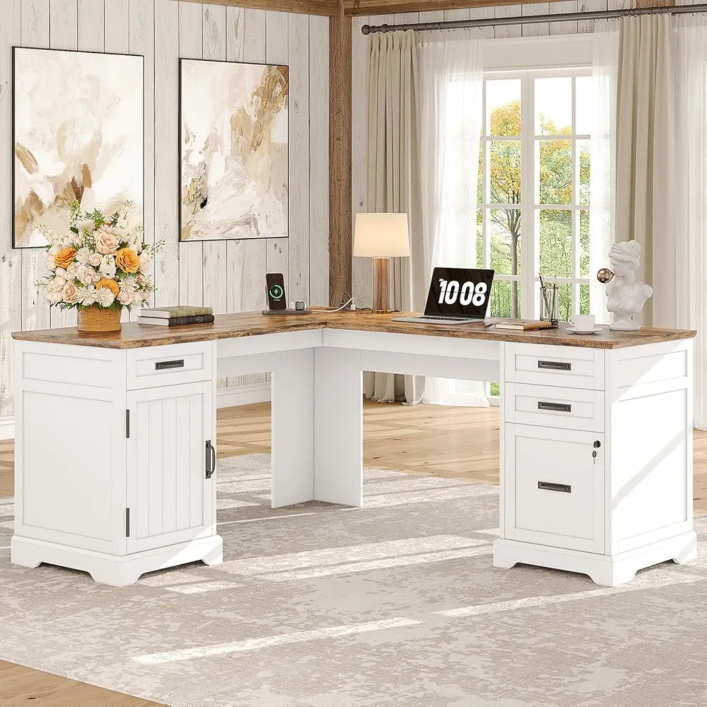Farmhouse L Shaped Desk with Drawers, 67 Inch Executive Home Office Desk with File Cabinet, Computer Corner Desk with Charging