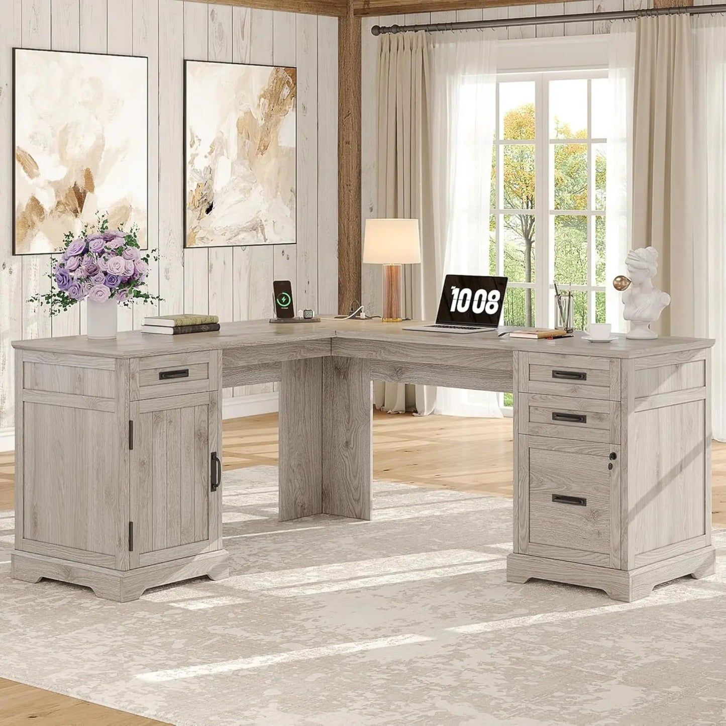 Farmhouse L Shaped Desk with Drawers, 67 Inch Executive Home Office Desk with File Cabinet, Computer Corner Desk with Charging