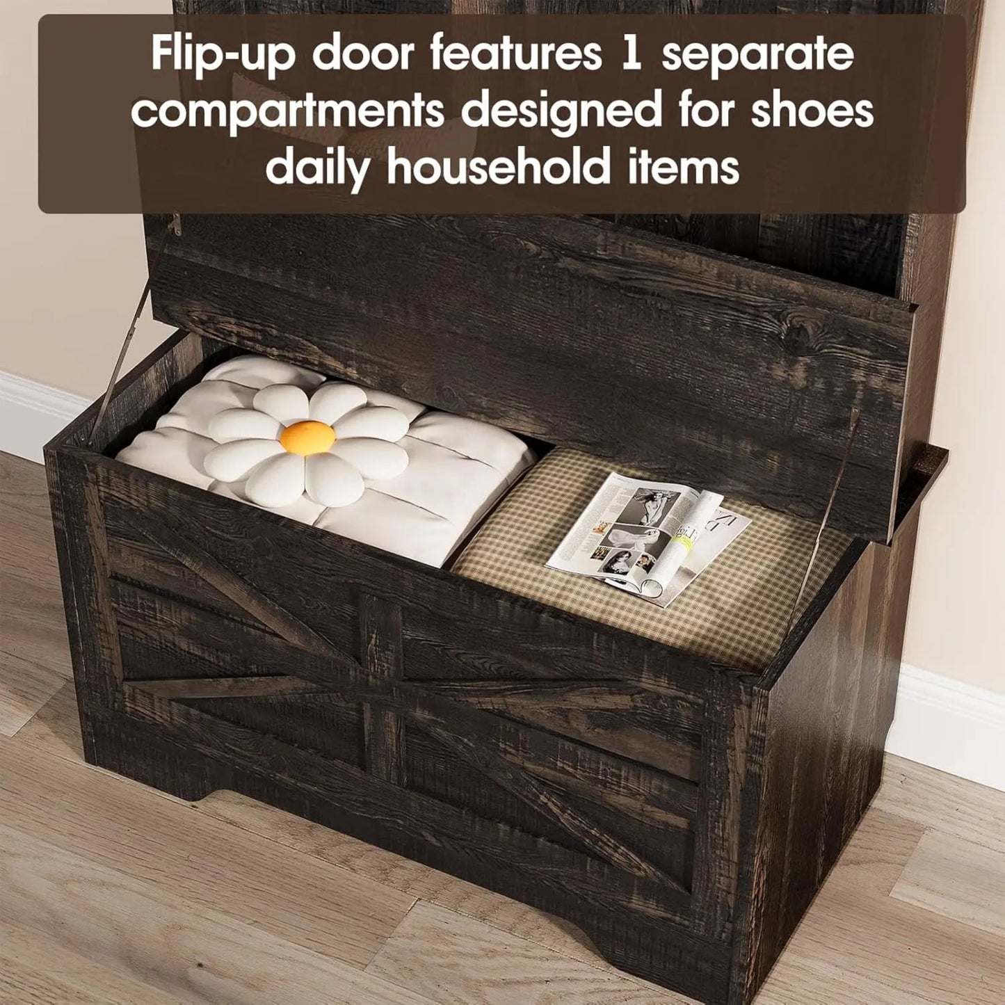 2025New-71" Entryway Small Hall Tree with Bench, 4-in-1 Coat Rack with Flip-top Door Storage Cabinet, Mud Room Bench with Storag