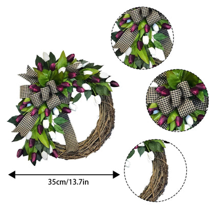 Tulip Wreath for Front Door, 13.7in Spring Summer Silk Wreath with Green Leaves & Bow Artificial Tulip Flower Wreaths