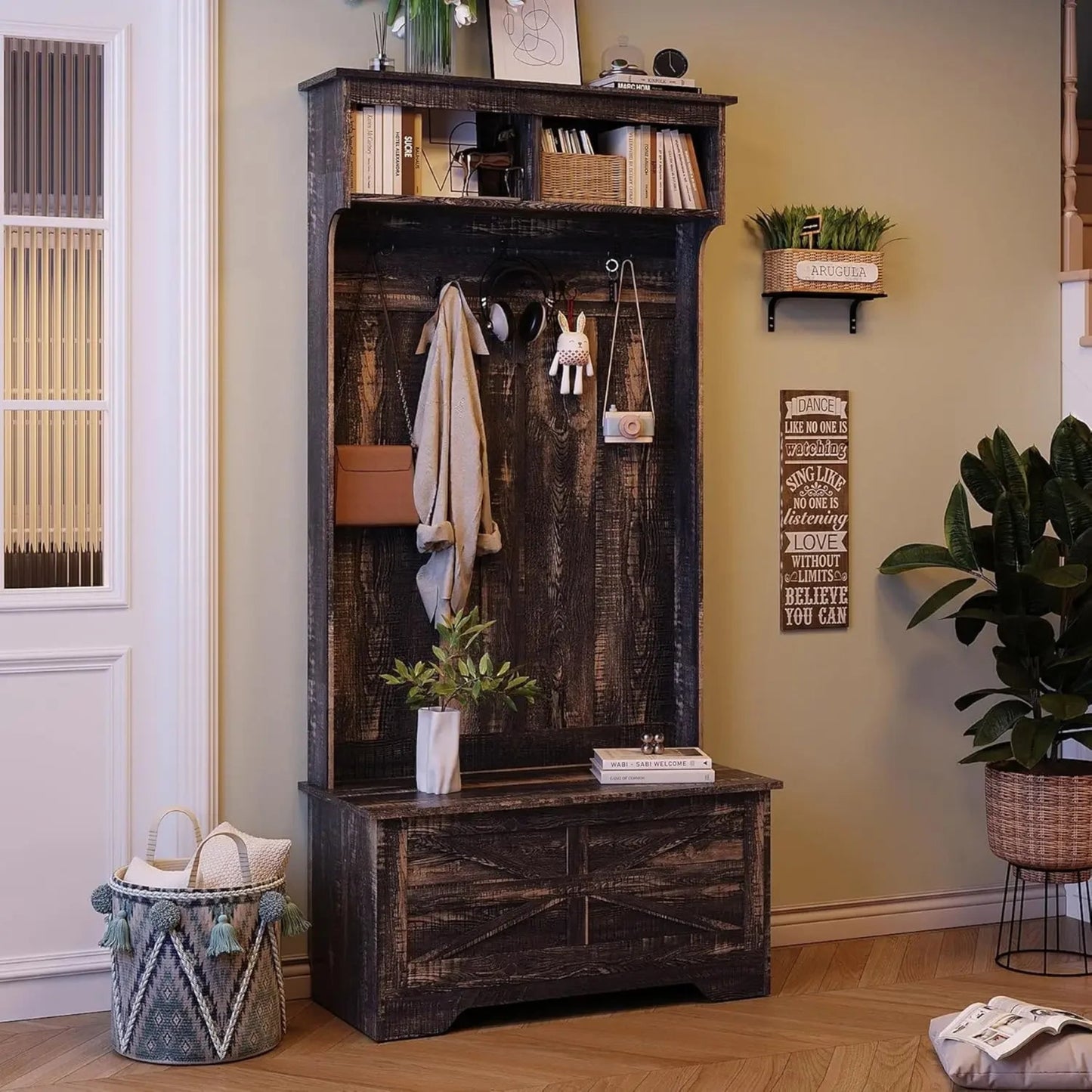 2025New-71" Entryway Small Hall Tree with Bench, 4-in-1 Coat Rack with Flip-top Door Storage Cabinet, Mud Room Bench with Storag