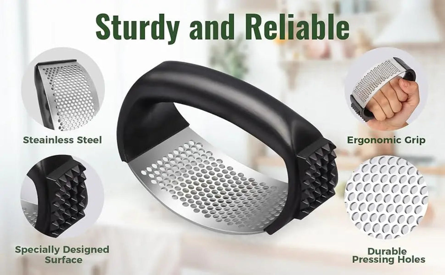 Garlic Press Rocker Stainless Steel Garlic Mincer Garlic Crusher Easy-Squeeze Tool with Peeler and Cleaning Brush for Smashing