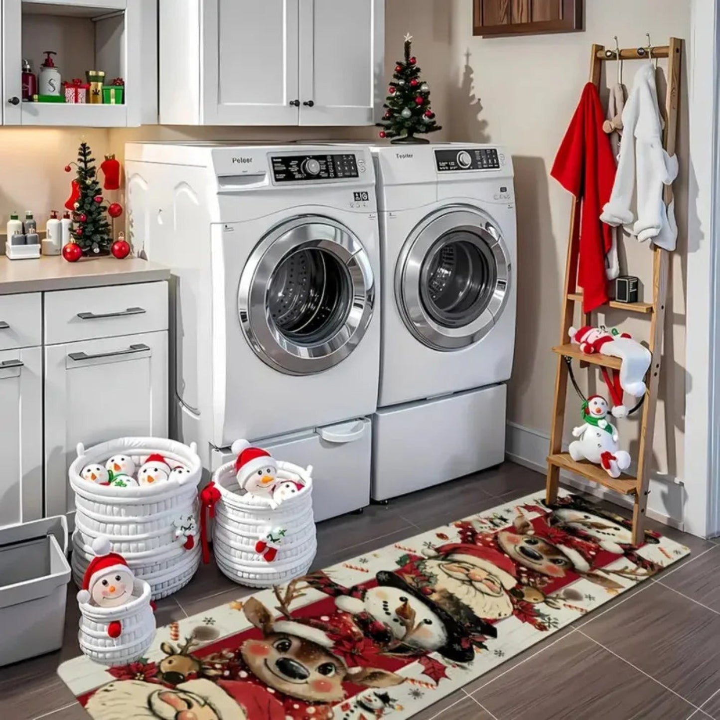 Santa Snowman Reindeer Winter Floor Mat With Plaid And Floral Pattern Easy Cleaning Hallway Kitchen Bedroom Home Decor Rug