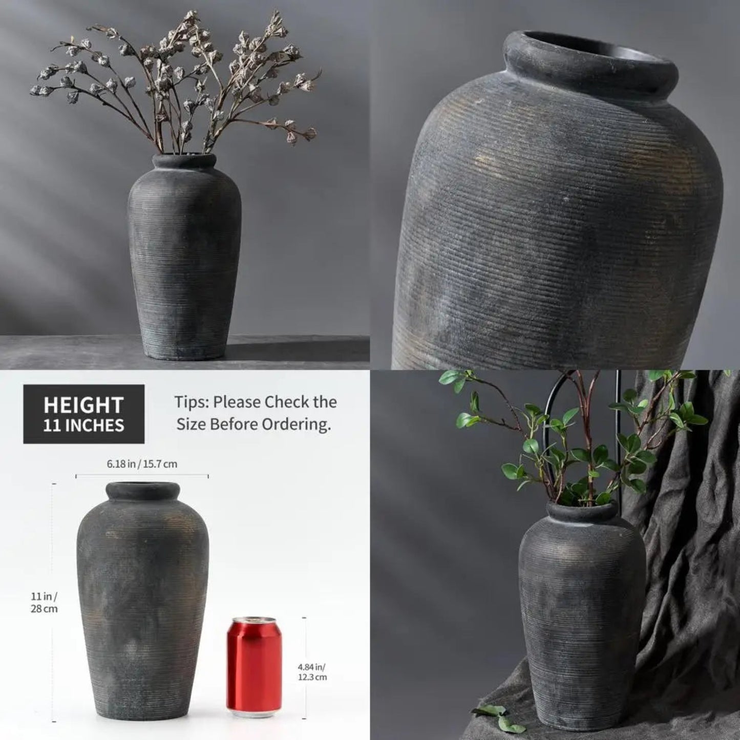 Large Ceramic Rustic Vase, 11 inch Minimalist Decorative Farmhouse Tall Vase for Home Decor, Living Room, Shelf Decor, Enterway,