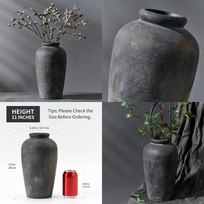 Large Ceramic Rustic Vase, 11 inch Minimalist Decorative Farmhouse Tall Vase for Home Decor, Living Room, Shelf Decor, Enterway,
