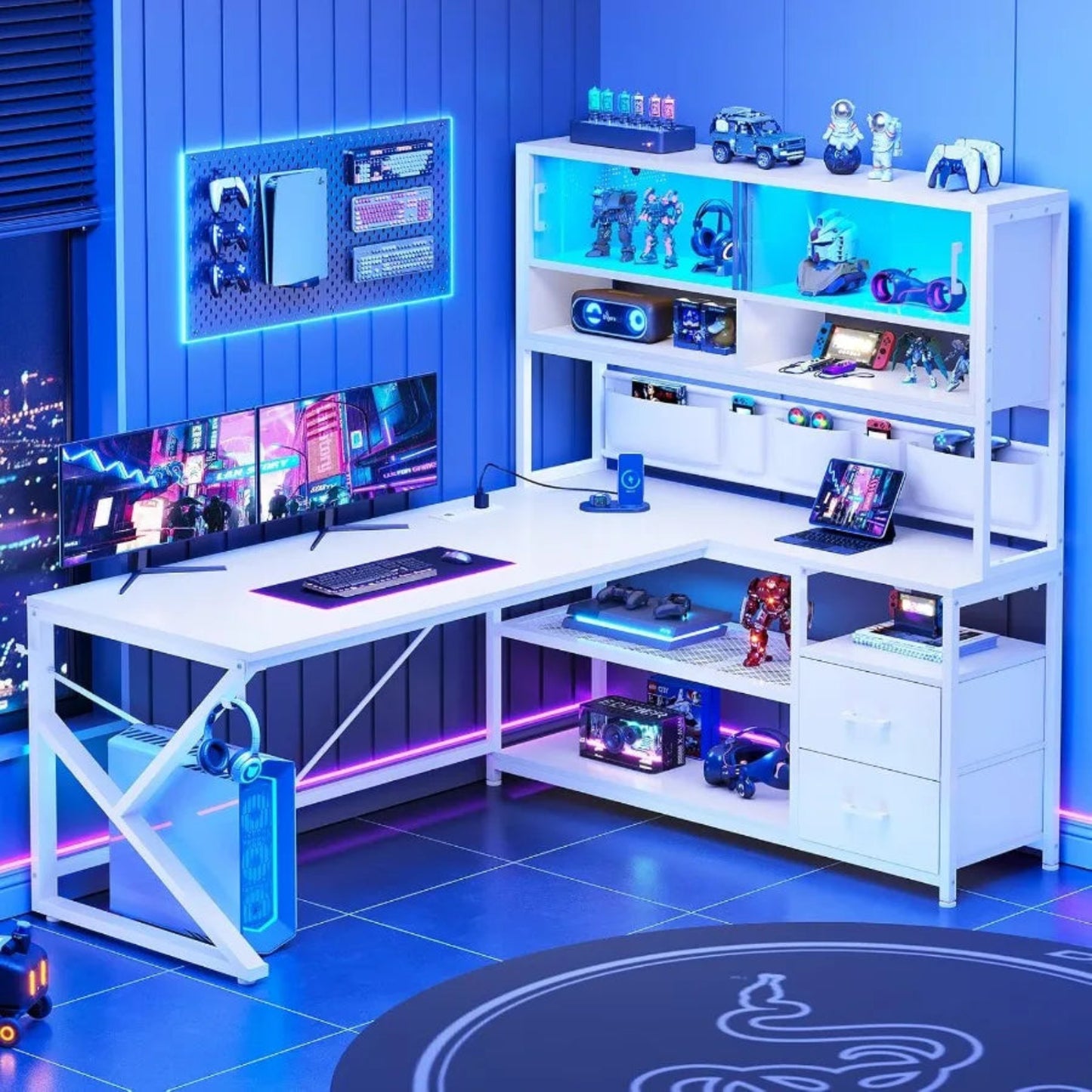 L Shaped Gaming Desk for Home Office Setup with Dual Drawers and Bookshelf Corner Computer Desk Featuring LED Lighting Glass Di