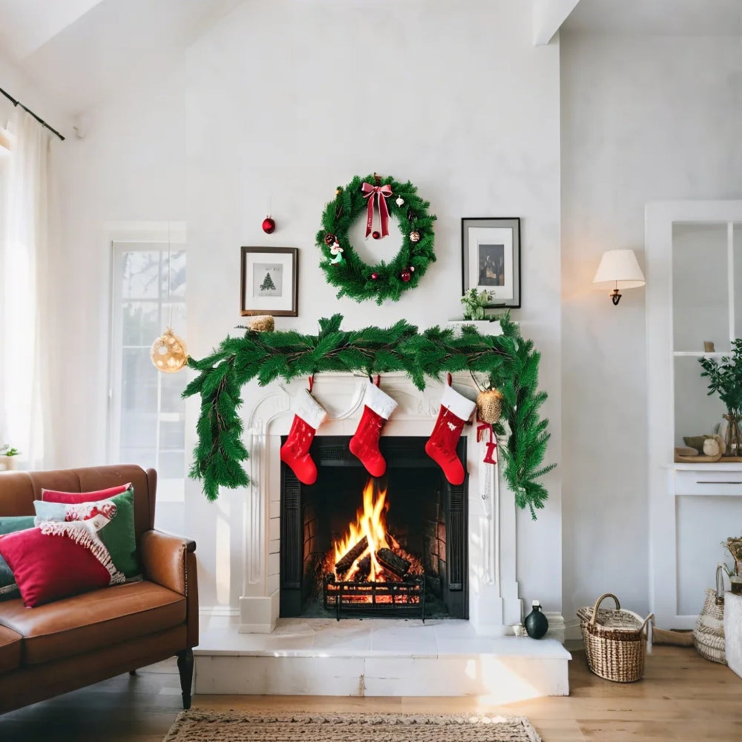 6FT Party Joyful Seasonal Faux Christmas Wreath With Pine Needle Cypress Flower Vines For Holiday Winter Interior Decoration