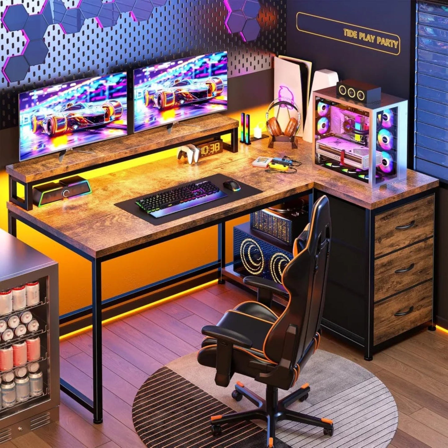 L-Shaped Gaming Desk with LED Lights and Power Outlet, 48 Inch Corner Computer Desk with Drawers, Reversible Office Desk