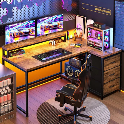 L-Shaped Gaming Desk with LED Lights and Power Outlet, 48 Inch Corner Computer Desk with Drawers, Reversible Office Desk