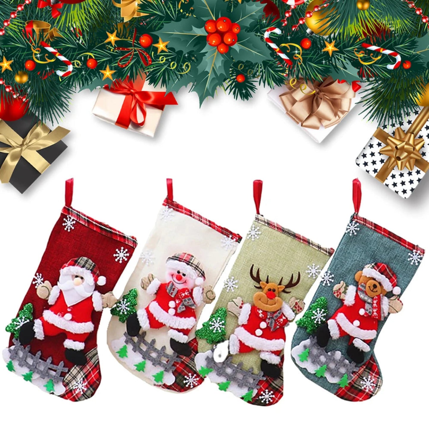 4Pcs Christmas Stockings Set Large Capacity Cute Stockings Bag Plush Santa Claus/Snowman/Bear/Elk for Xmas Tree Fireplace