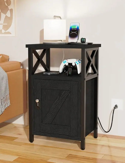 Wooden Nightstand with Charging Station, Bed Side Table with Drawers, Bedside Table with Lock, 3 USB & 2 Outlets, Night Stand