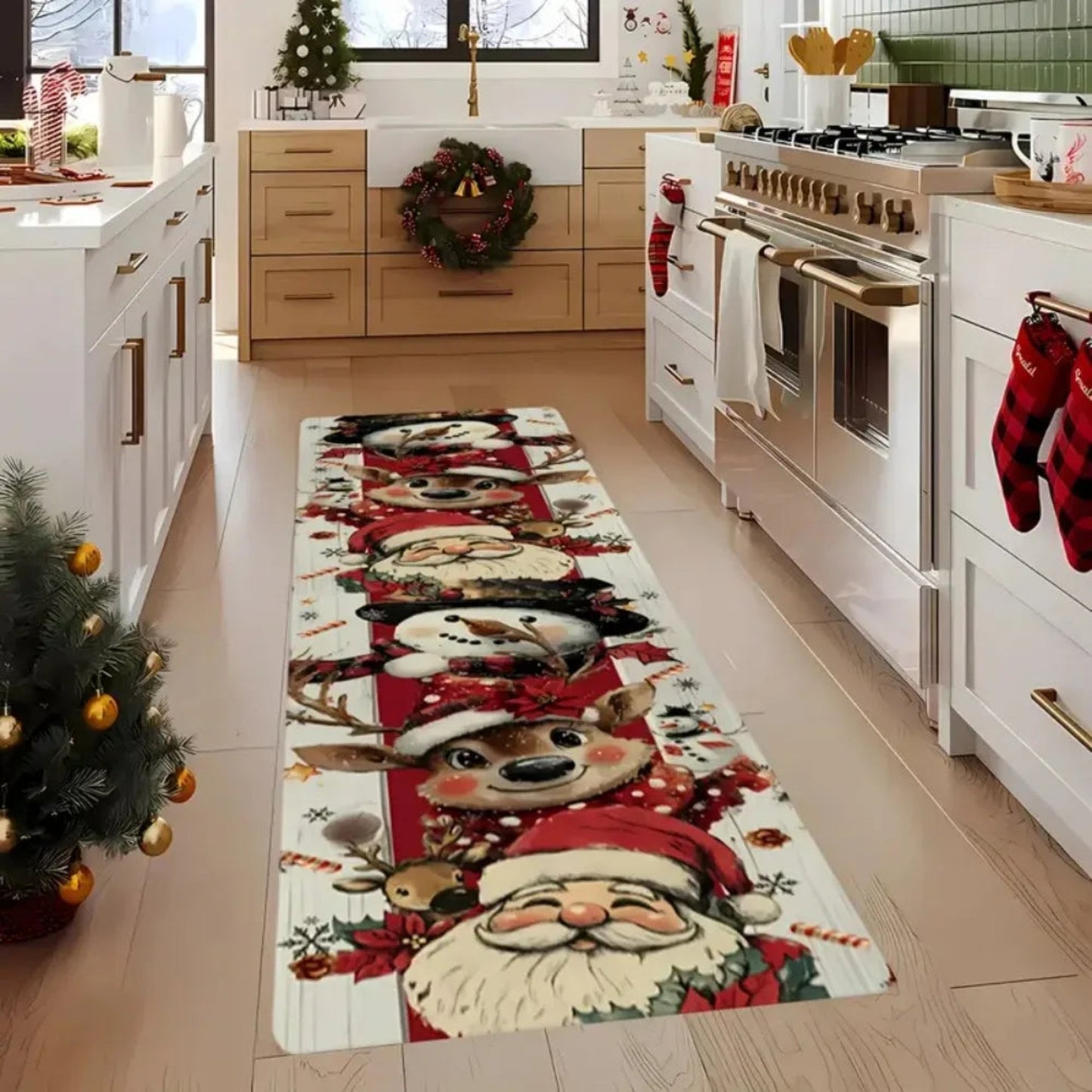 Santa Snowman Reindeer Winter Floor Mat With Plaid And Floral Pattern Easy Cleaning Hallway Kitchen Bedroom Home Decor Rug