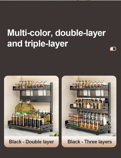 3 Tier Spice Storage Rack for Countertop Adjustable Spice Organization for Cabinet Kitchen Organizer Metal Shelf Black