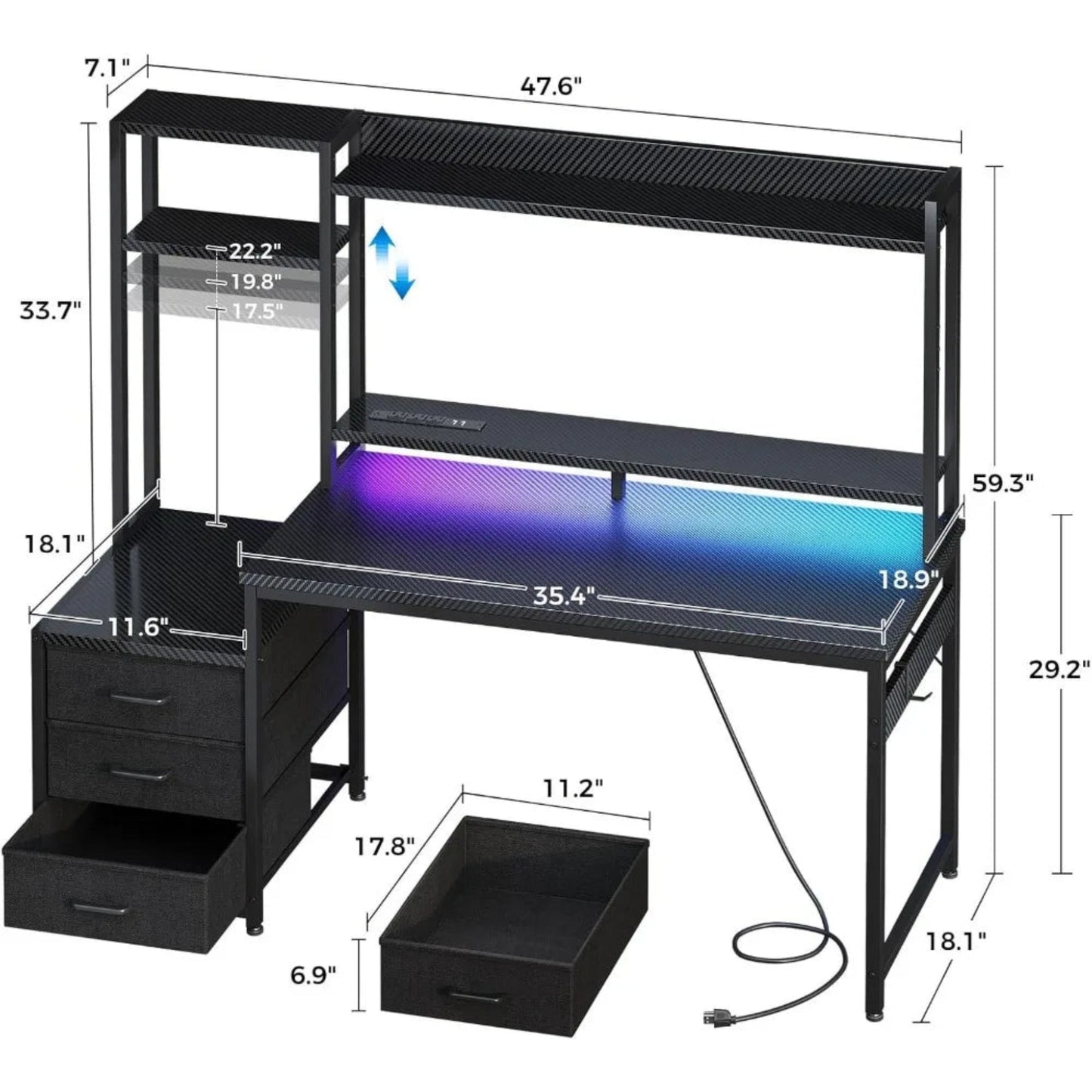 Gaming Desk with Hutch & Fabric Drawers, Computer Desk with USB Ports & LED Lights, Reversible Pc Gamer Table with Monitor Stand