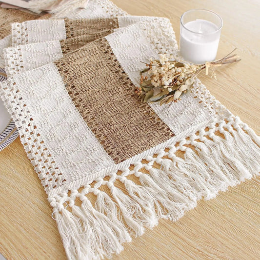 Boho Farmhouse Linen Table Runner with Tassels–Rustic Macrame, Burlap & Cotton Blend for Summer Home Decor and Holiday Events