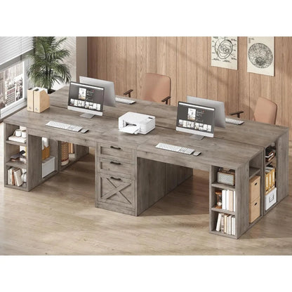 Farmhouse 96.5" Computer Desk with Drawers, 2 Person Home Office Desk, Gaming Double Desk with Storage Shelves, Long Two Person