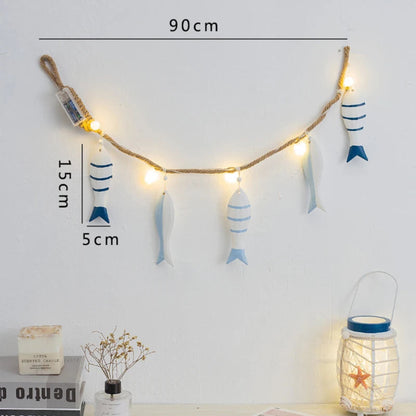 Mediterranean Fish Wall Hanging Pendant LED Light Fish String Ornament Home Bedroom Café Bar Decoration Ocean Nautical Theme