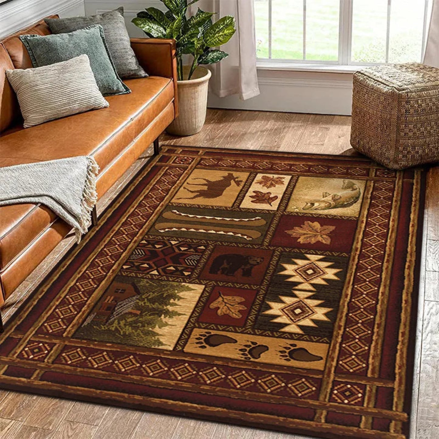 Buffalo Bear Rustic Rug Large Area Non-Slip Carpet Bear Elk Deer Wildlife Carpet Living Room Entrance Door Mats Indoor Foot Mat