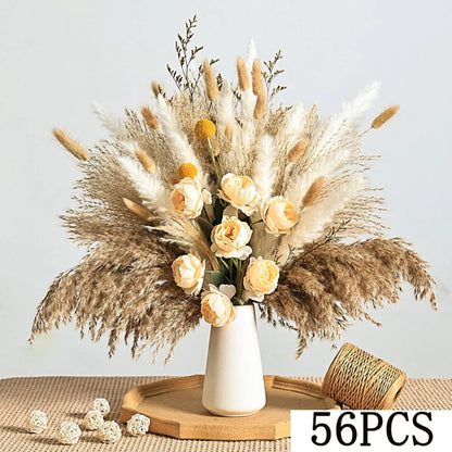 56pcs Artificial Flowers Faux Peony Mix Dried Pampas Grass Bouquets Elegant Boho Home Wedding Centerpieces Luxury Decoration